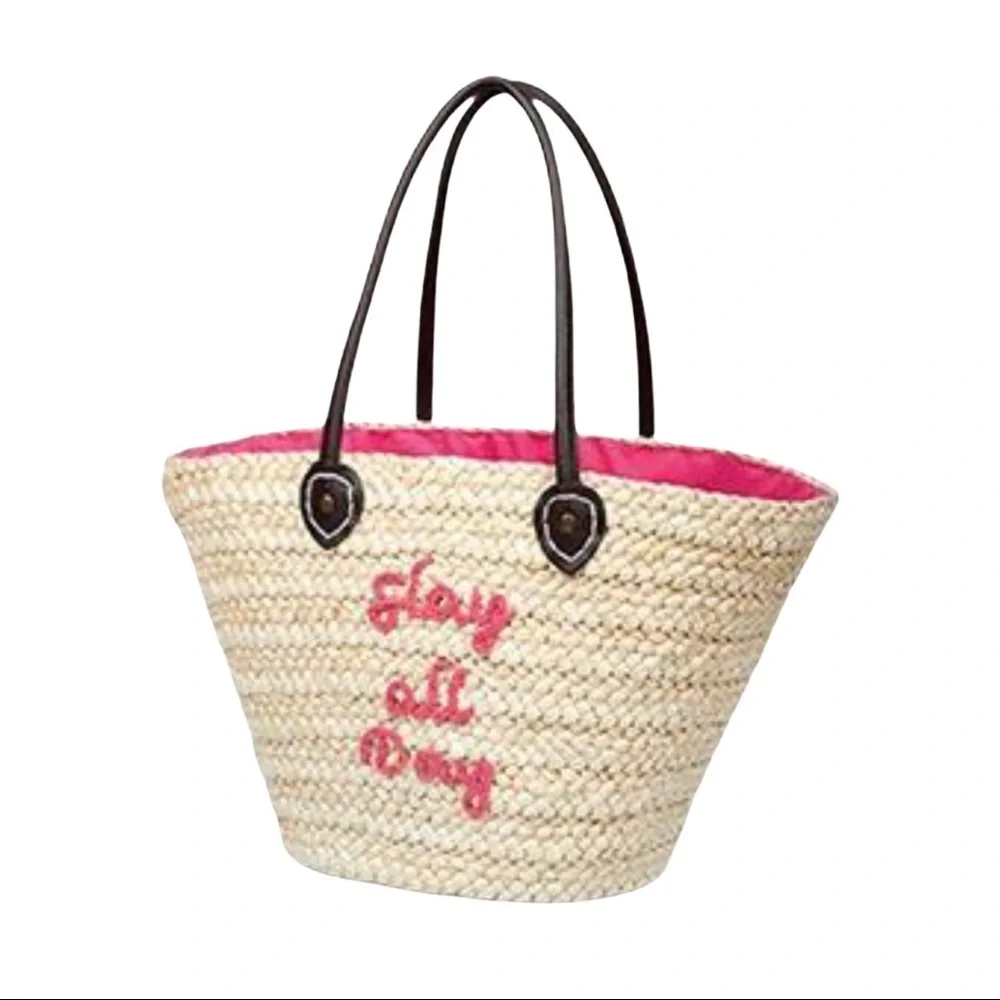 NWT Serra Embroidered Straw Tote Bag,Pink or Black - Picture 13 of 13